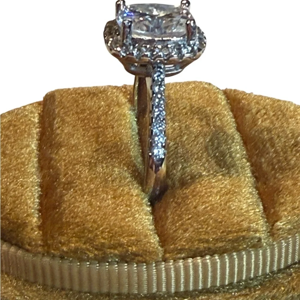 3.0ct Silver Halo Cushion-Cut Moissanite Engagement Ring.